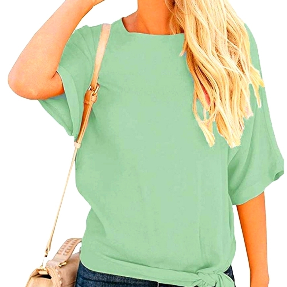Casual Half Sleeve Knot Tie Front Round Neck Top
